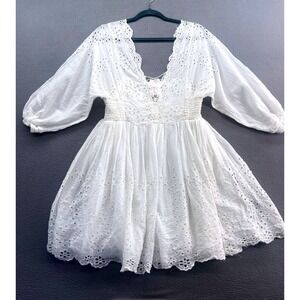 Free People One Dress Womens L White Eyelet Lace Up Smocked Waist Mini Boho